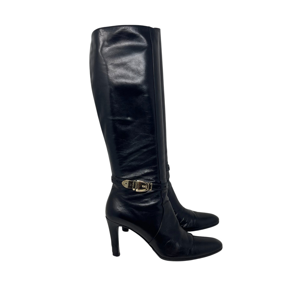 Gucci Knee-High Boots - Black Leather with Gold Buckle Hardware - Size 6.5